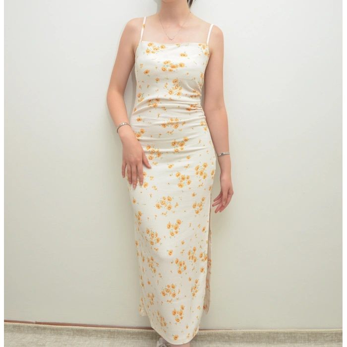 Sarı Çiçek Detaylı Ekru Elbise