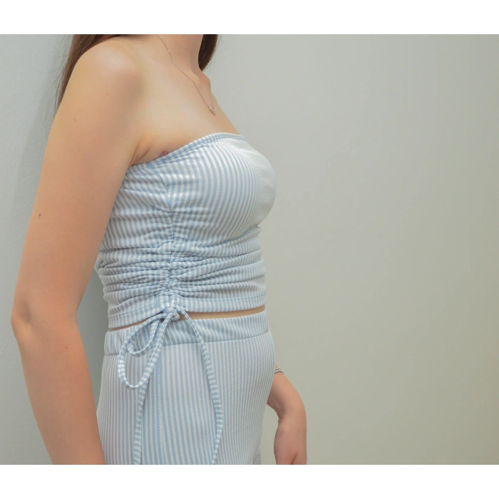 Yandan Büzgülü Straplez Mavi Çizgili Takım