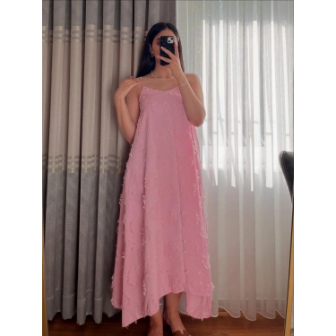 Askılı Püskül Detay Pembe Elbise