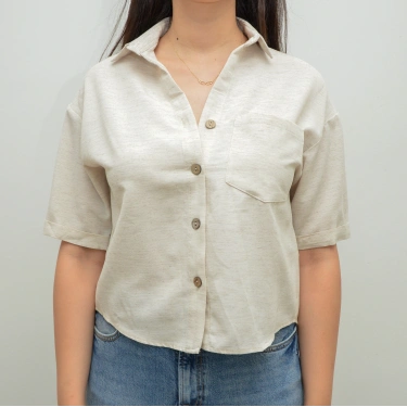 Keten Görünümlü Krem Crop Gömlek