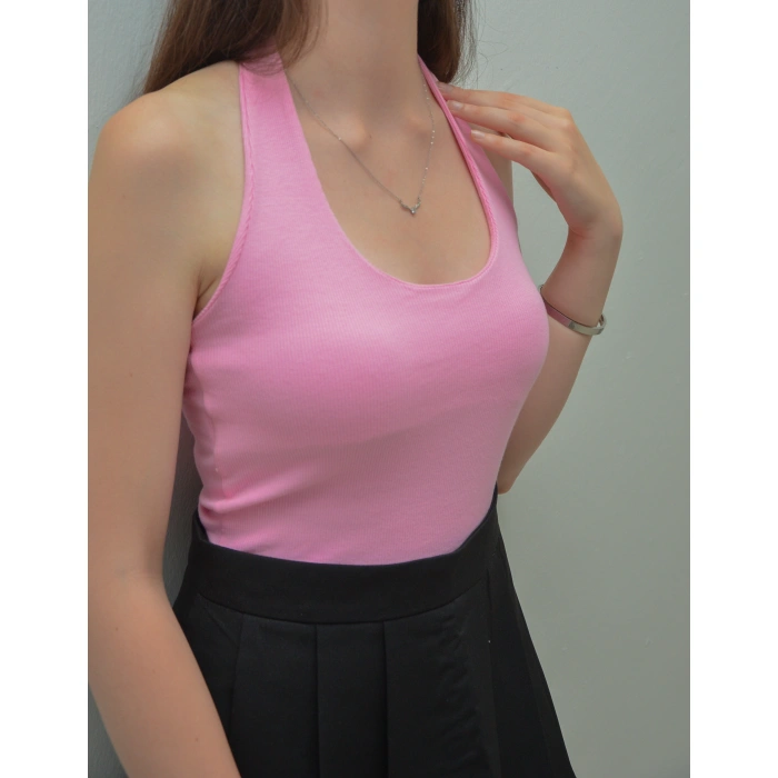 Boyundan Bağlamalı Pembe Triko Bluz