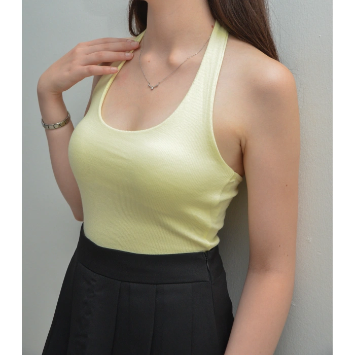 Boyundan Bağlamalı Sarı Triko Bluz