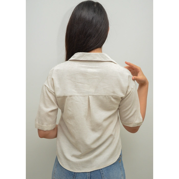 Keten Görünümlü Krem Crop Gömlek
