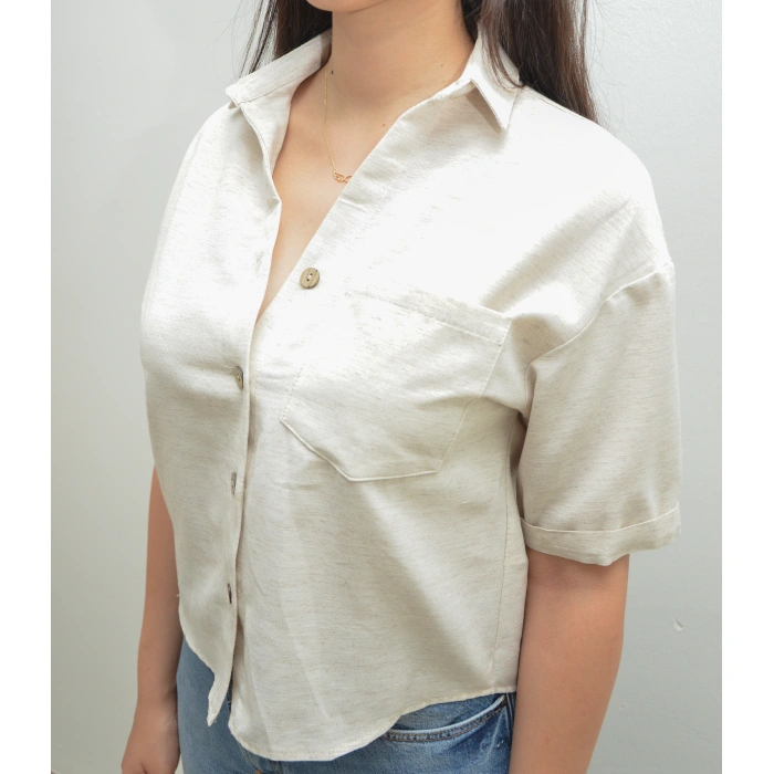 Keten Görünümlü Krem Crop Gömlek