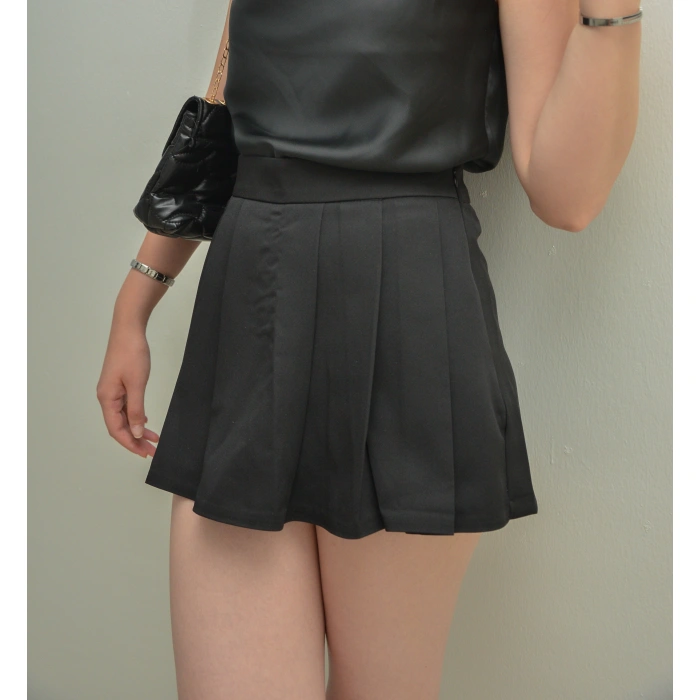 Pileli Mini Siyah Şort Etek