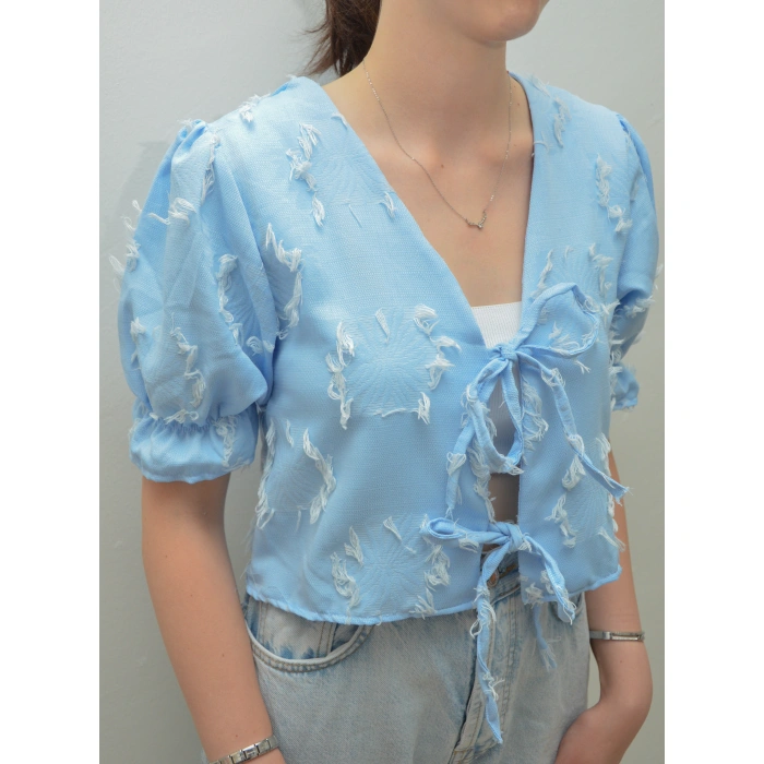 Püskül Detay Önden Bağlamalı Mavi Bluz