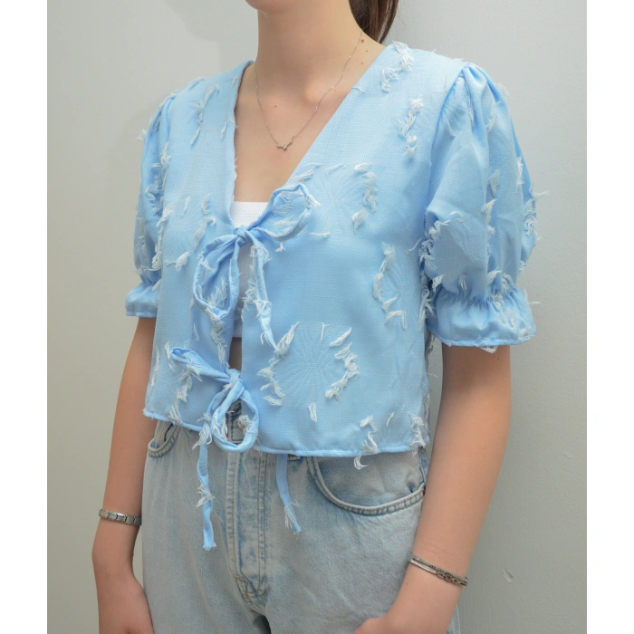 Püskül Detay Önden Bağlamalı Mavi Bluz