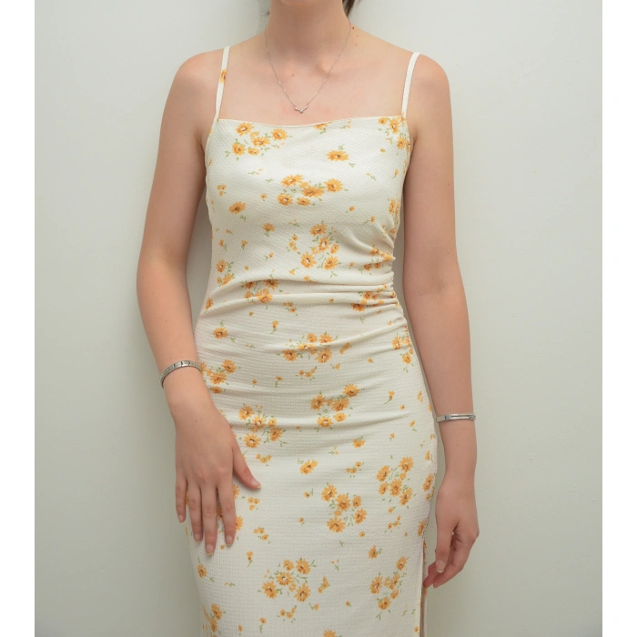 Sarı Çiçek Detaylı Ekru Elbise