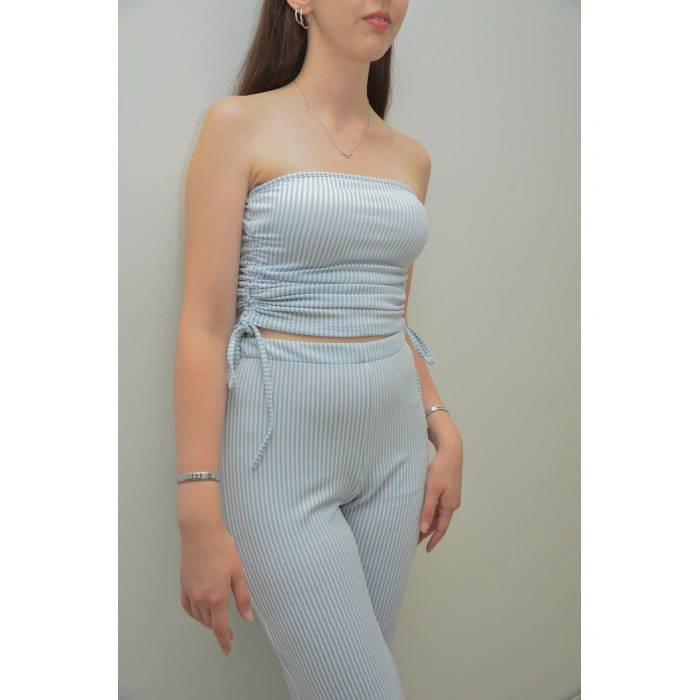Yandan Büzgülü Straplez Mavi Çizgili Takım