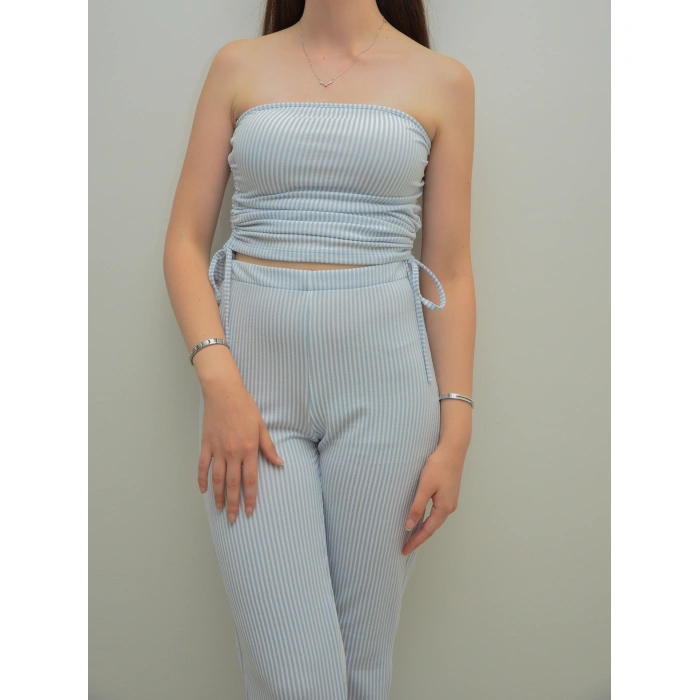 Yandan Büzgülü Straplez Mavi Çizgili Takım