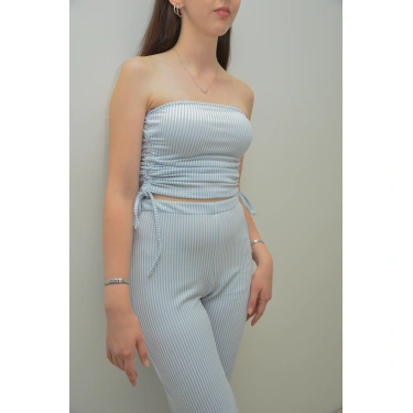Yandan Büzgülü Straplez Mavi Çizgili Takım