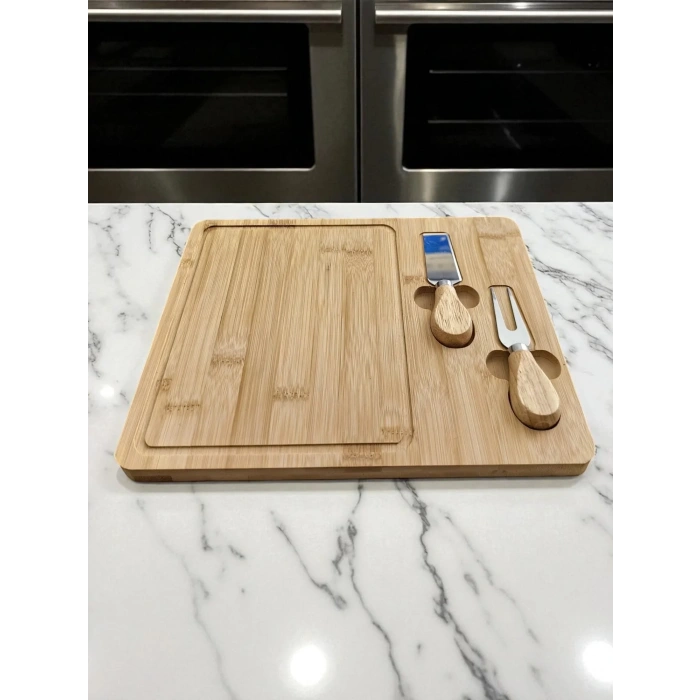 Doğal Bambu Bıçaklı Peynir Servis Sunum Tabağı Kahvaltı Sunum Tahtası Seti 3 Parça 30x25 Cm