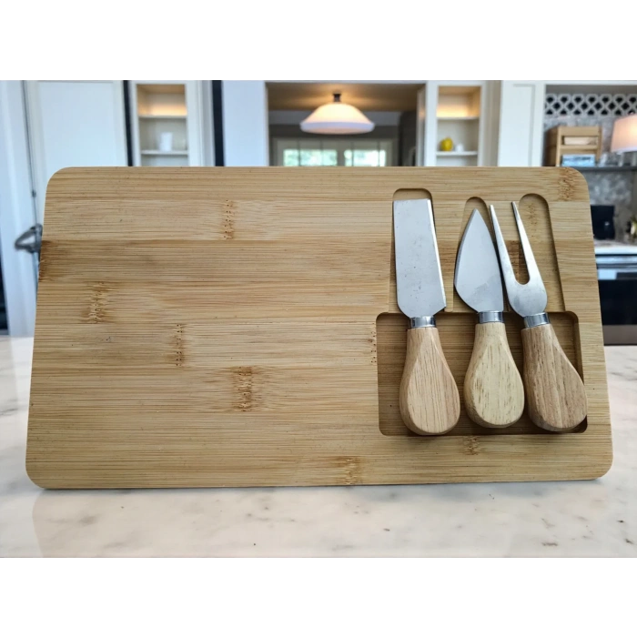 Doğal Bambu Bıçaklı Peynir Servis Sunum Tabağı Kahvaltı Sunum Tahtası Seti 4 Parça 30x17 Cm