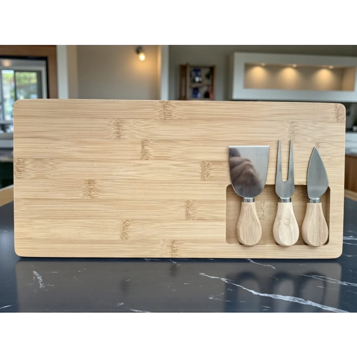 Doğal Bambu Bıçaklı Peynir Servis Sunum Tabağı Kahvaltı Sunum Tahtası Seti 4 Parça 38x18 Cm