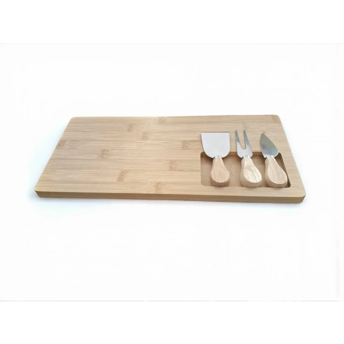 Doğal Bambu Bıçaklı Peynir Servis Sunum Tabağı Kahvaltı Sunum Tahtası Seti 4 Parça 38x18 Cm