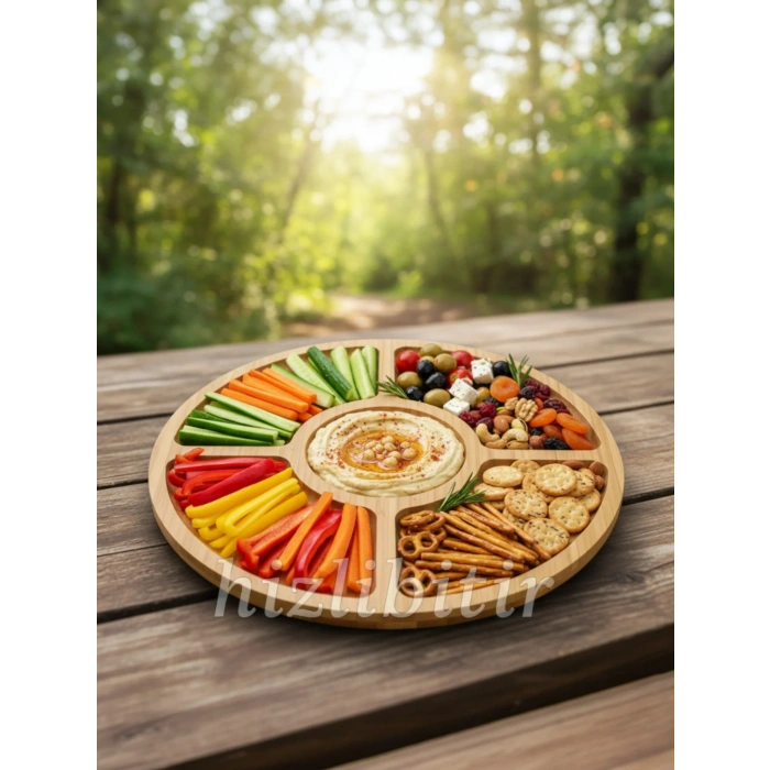 MyBru Bambu Yuvarlak 360 Derece Dönebilen 5 Bölmeli Sunum Tabağı Servis Tabağı Sunum Tepsisi 30 Cm