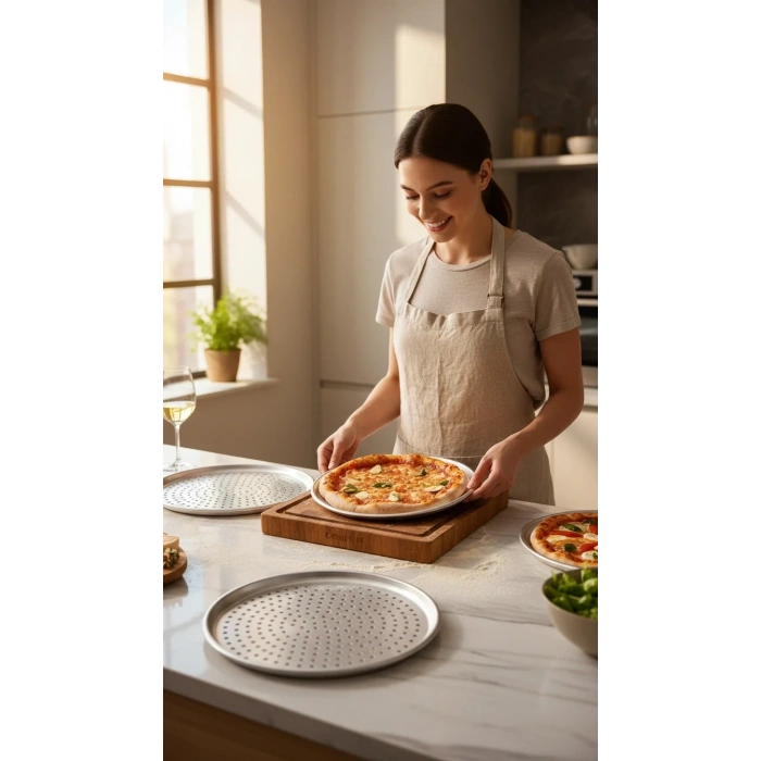 Paslanmaz Çelik Delikli Pizza Fırın Tepsisi Lahmacun Fırın Tepsisi 3lü Set 28 32 36 Cm