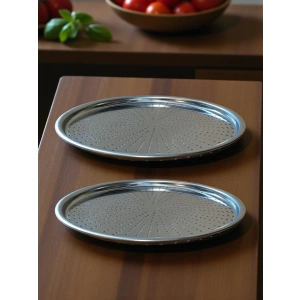 Paslanmaz Çelik Delikli Pizza Fırın Tepsisi Lahmacun Fırın Tepsisi 2li Set 28 32 Cm