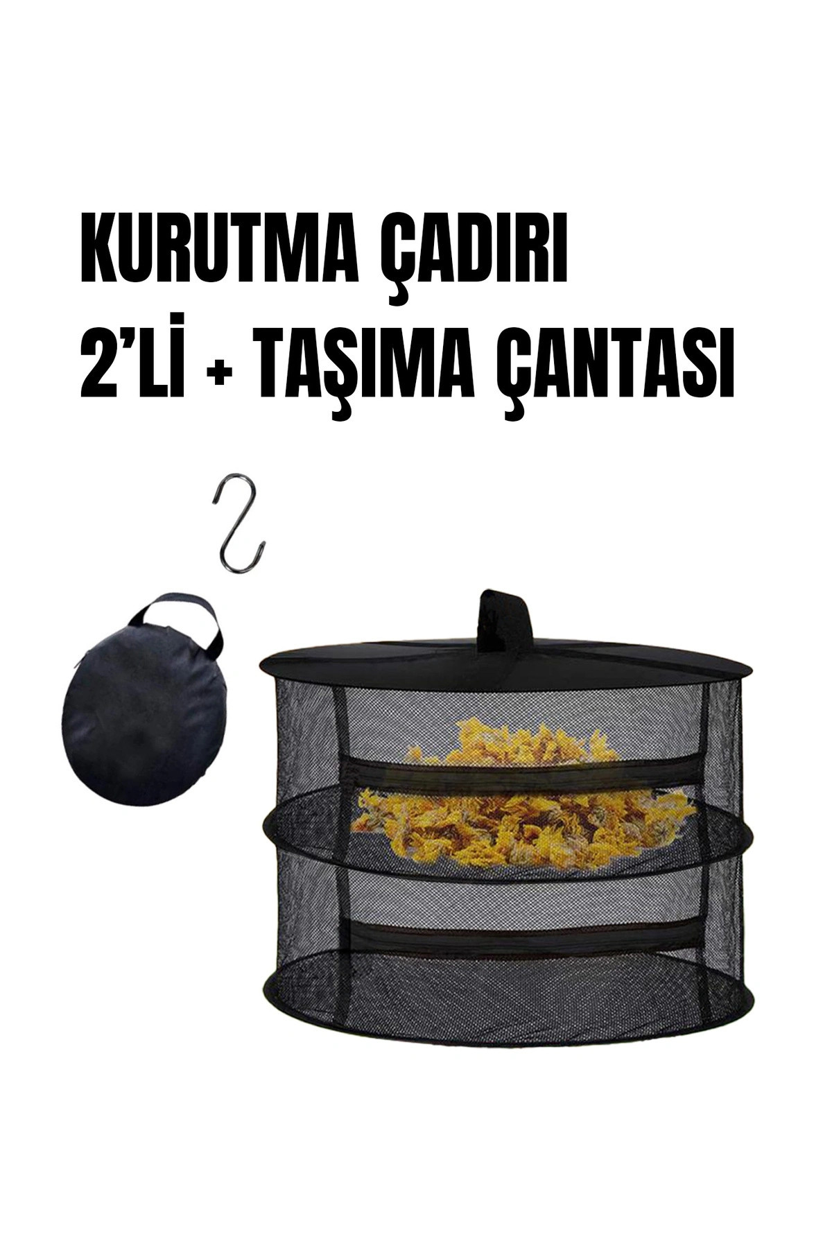 2 Katlı Fermuarlı Meyve Sebze Kurutma Filesi | Katlanabilir Doğal Kurutma Sepeti SİYAH