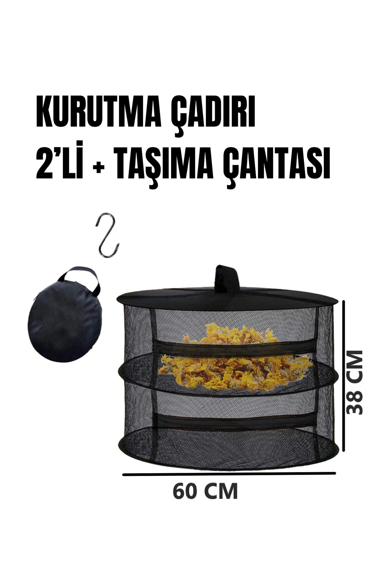 2 Katlı Fermuarlı Meyve Sebze Kurutma Filesi | Katlanabilir Doğal Kurutma Sepeti SİYAH