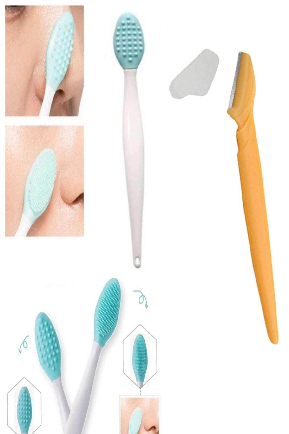 2li Set Burun Siyah Nokta Cilt & Yüz Temizleyici Temizleme Fırça Dudak Peeling & Kaş Usturası 1 Adet