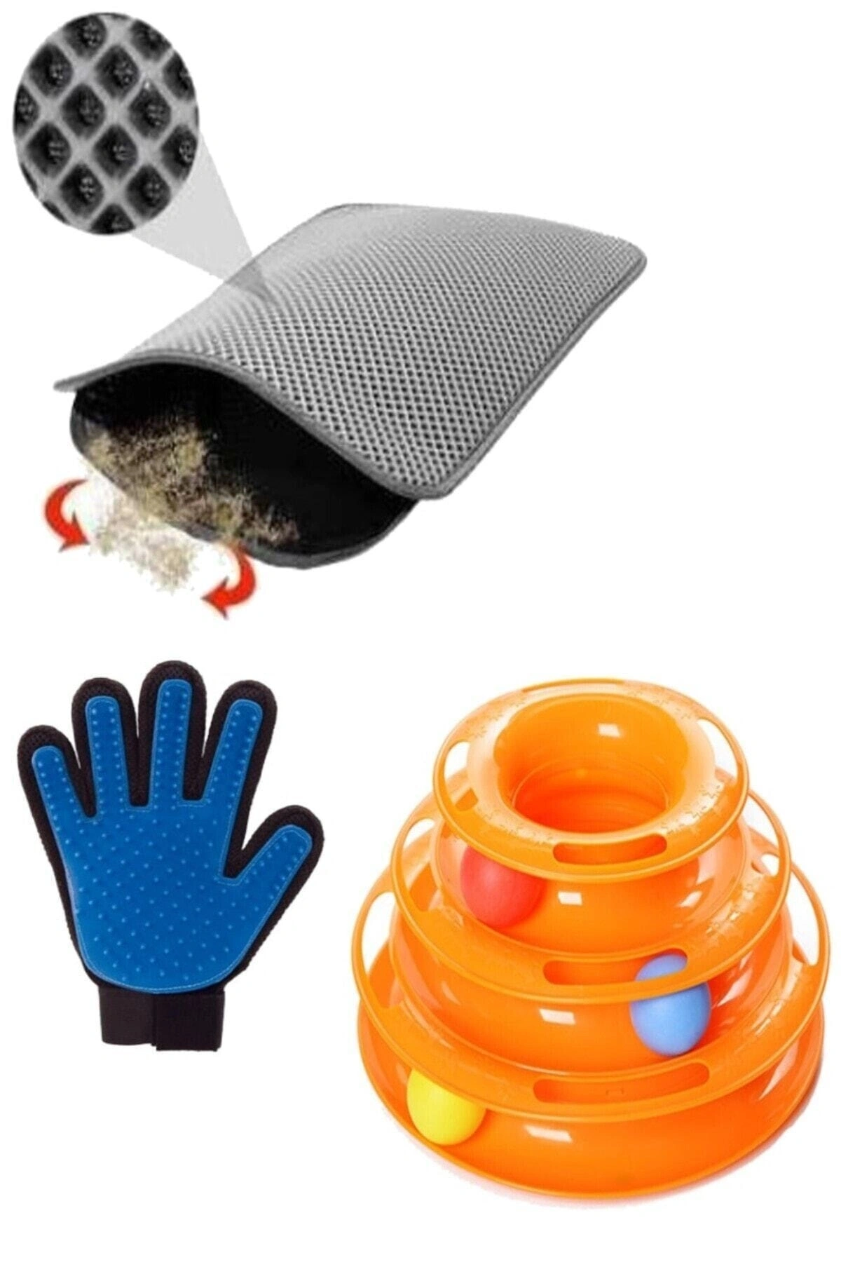 Tower Of Tracks Kedi Oyuncağı Kedi Tüy Toplama Eldiveni Elekli Kedi Tuvalet Paspası (GRİ) 3 Lü