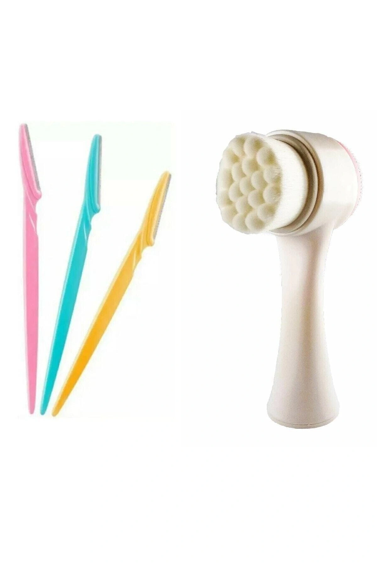 3lü Kaş Usturası Ve Cilt Temizleme Fırçası Beyaz Saplı