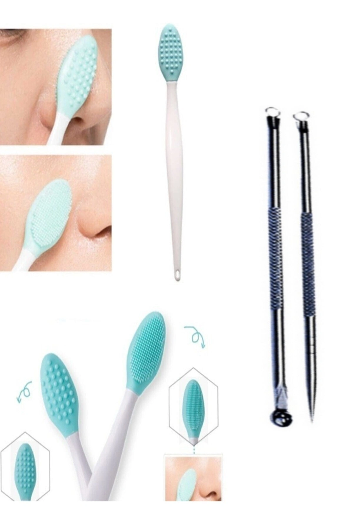 Burun Siyah Nokta Cilt Ve Yüz Temizleyici Temizleme Fırçası Peeling Fırça Çilek ve 2li Komedon