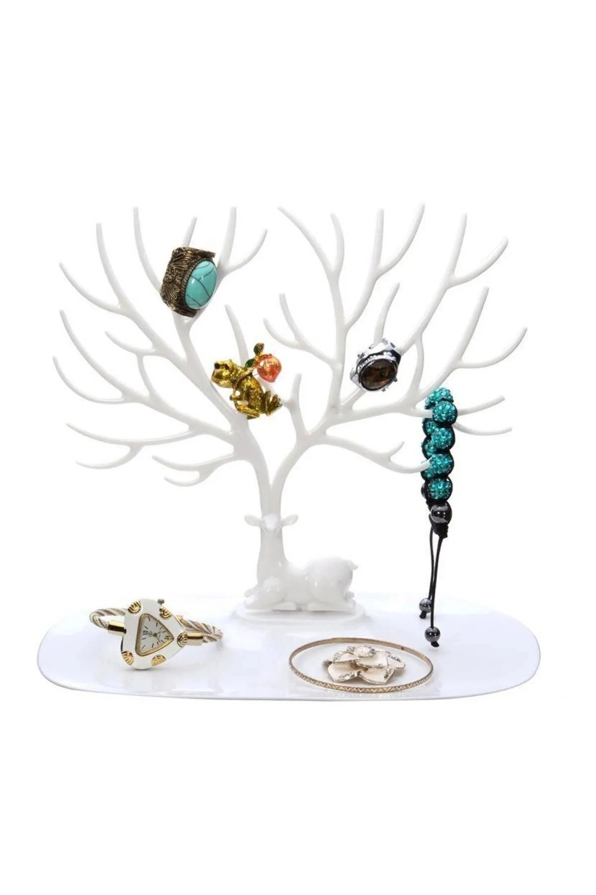 Geyik Tasarımlı Takı Standı Yüzük Küpe Kolye Askılığı Mücevher Organizer Askı Beyaz