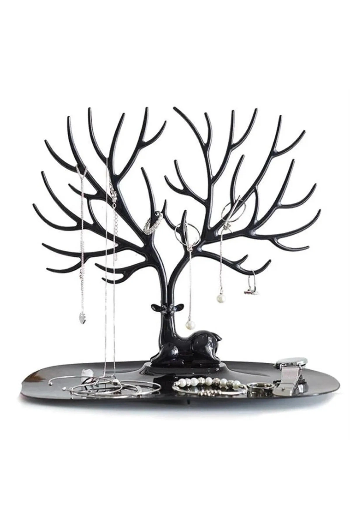 Geyik Tasarımlı Takı Standı Yüzük Küpe Kolye Askılığı Mücevher Organizer Siyah