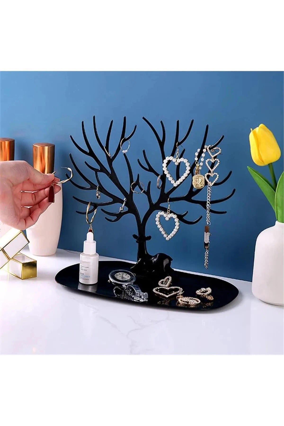 Geyik Tasarımlı Takı Standı Yüzük Küpe Kolye Askılığı Mücevher Organizer Siyah