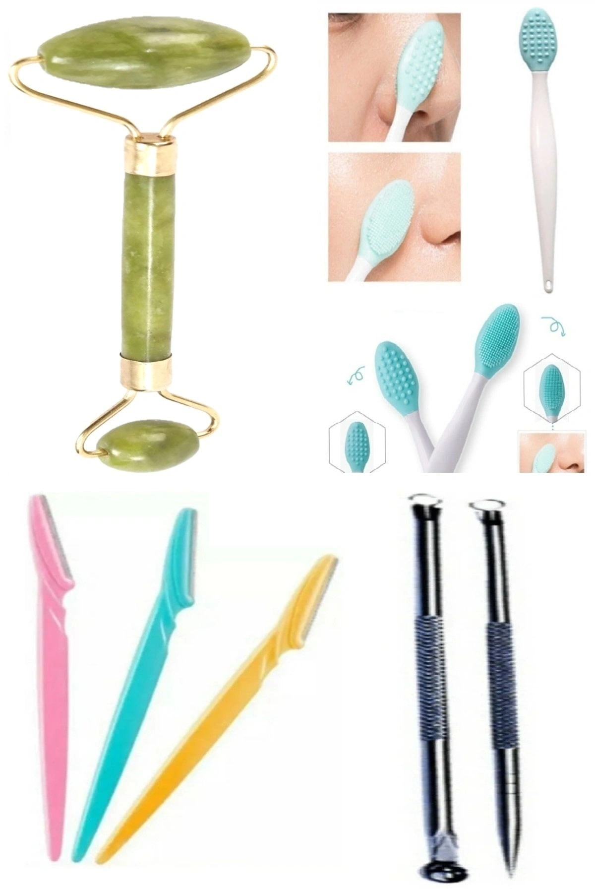 Yeşim Taşı_ Yüz Ve Cilt Temizleme Fırçası Çilek _3 Lü Kaş Usturası Ve 2li Akne Temizleyici Komedon