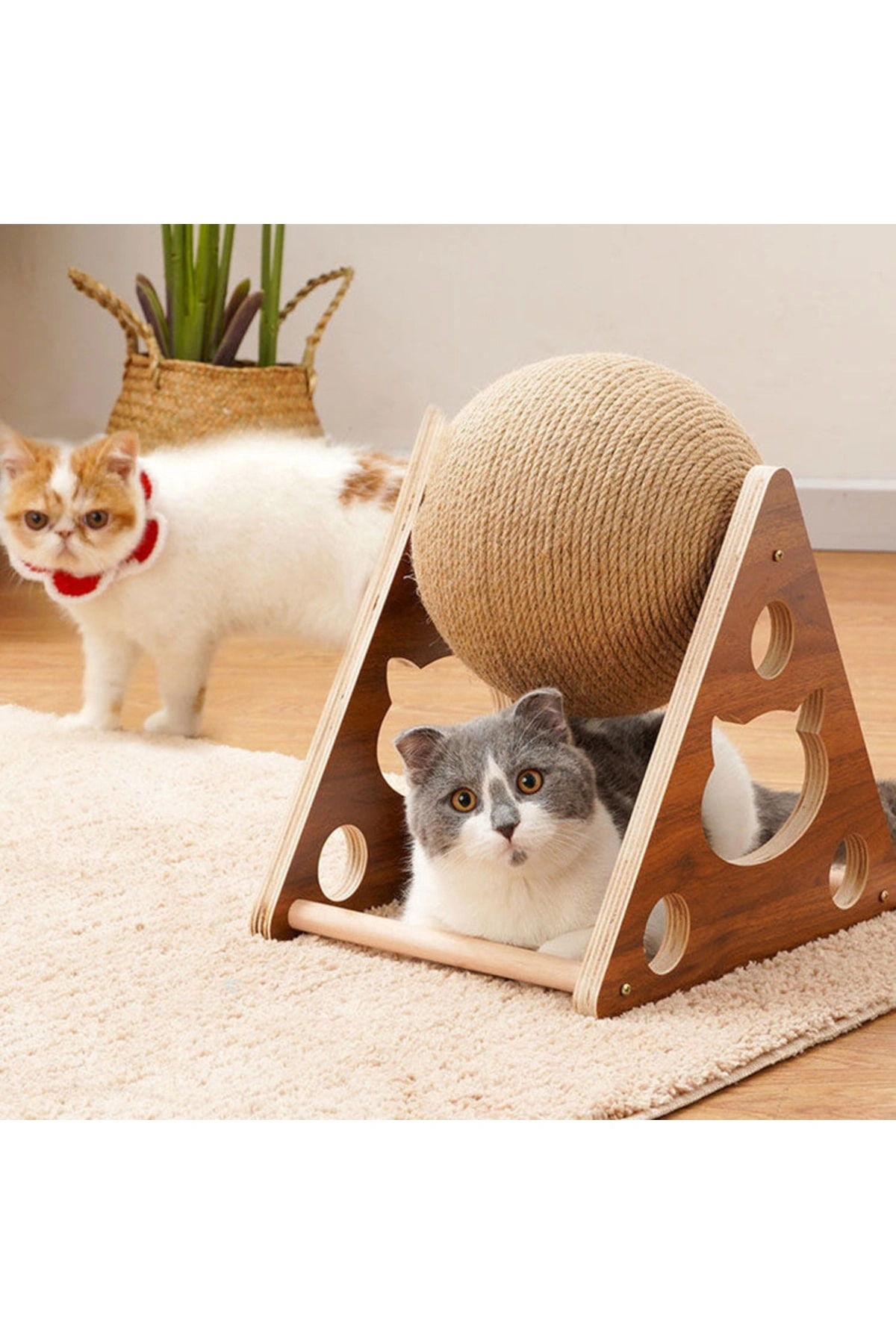 Ahşap İpli Kedi Oyuncagi Topu Kedi Tırmalaması