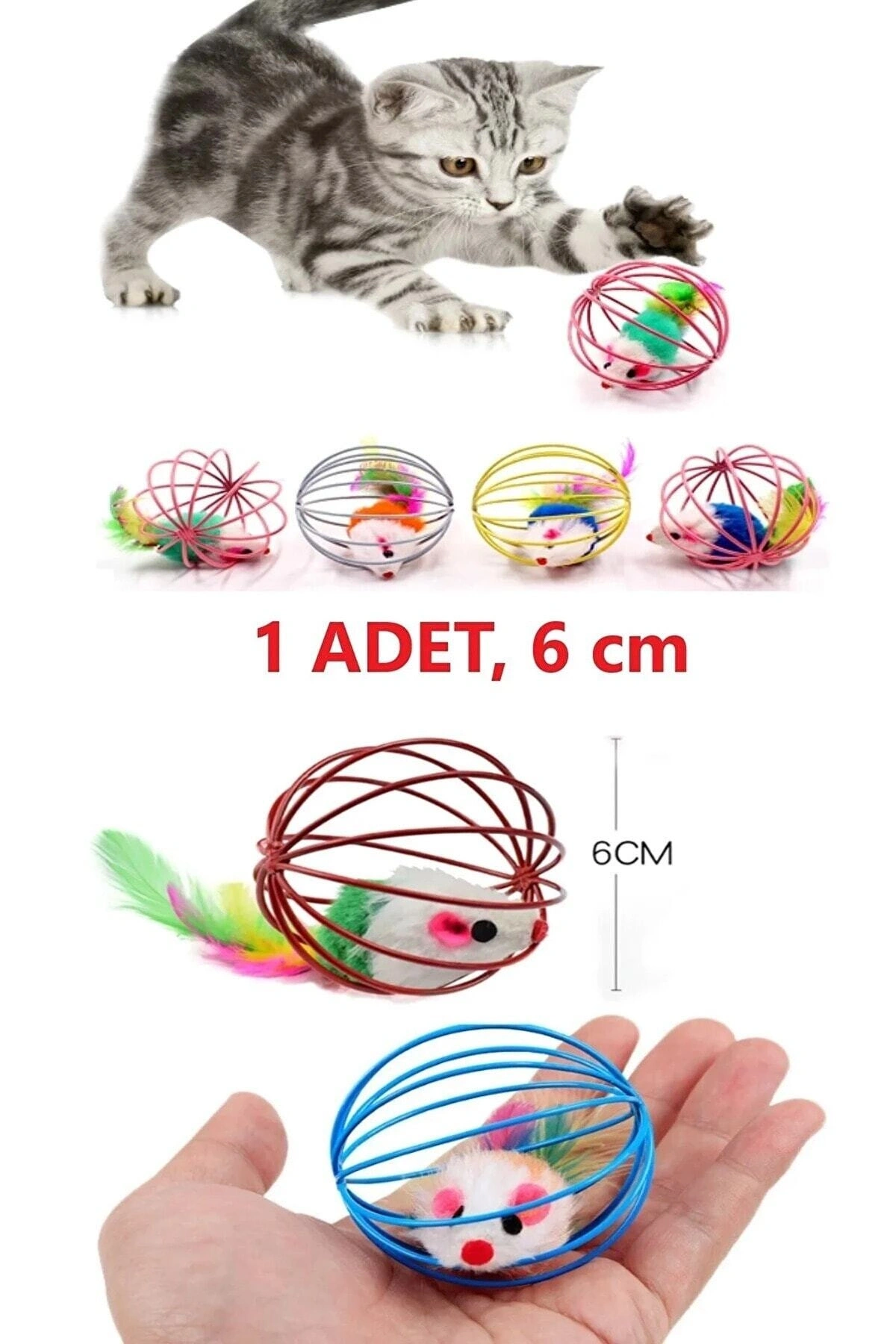 Kafesli Renkli Fareli Kedi Köpek Oyun Topu 6 cm