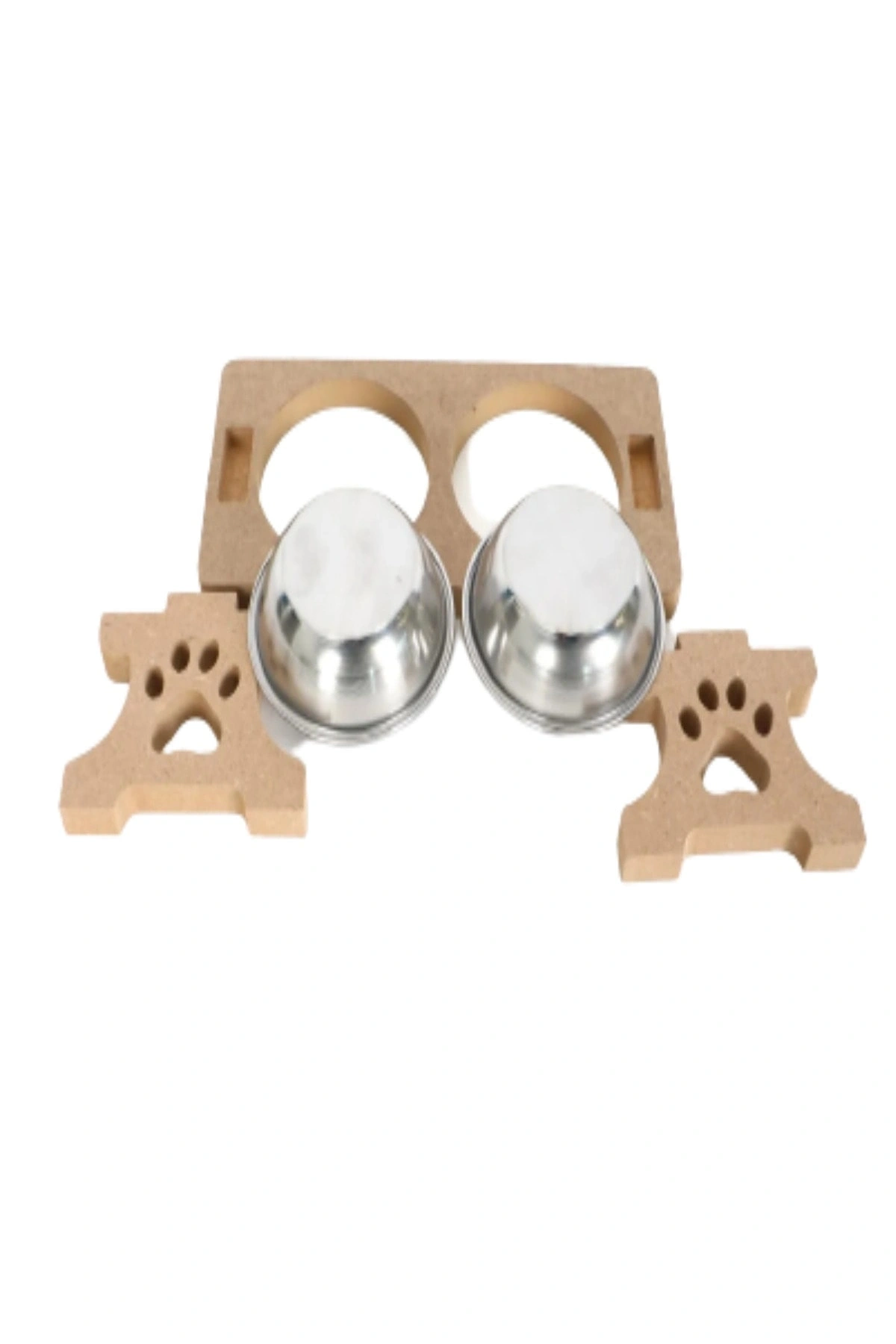 Ahşap Demonte 2 Çelik Taslı Kedi Mama Ve Su Kabı