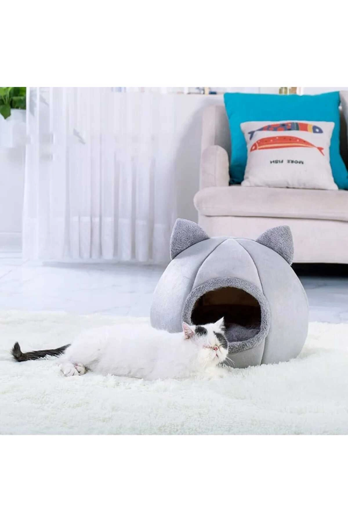 Bal Kabağı Tasarımlı Kedi Evi Yumuşak Kedi Yatağı Derin Uyku Ve Kış Evi Çıkartılabilir Minder Gri