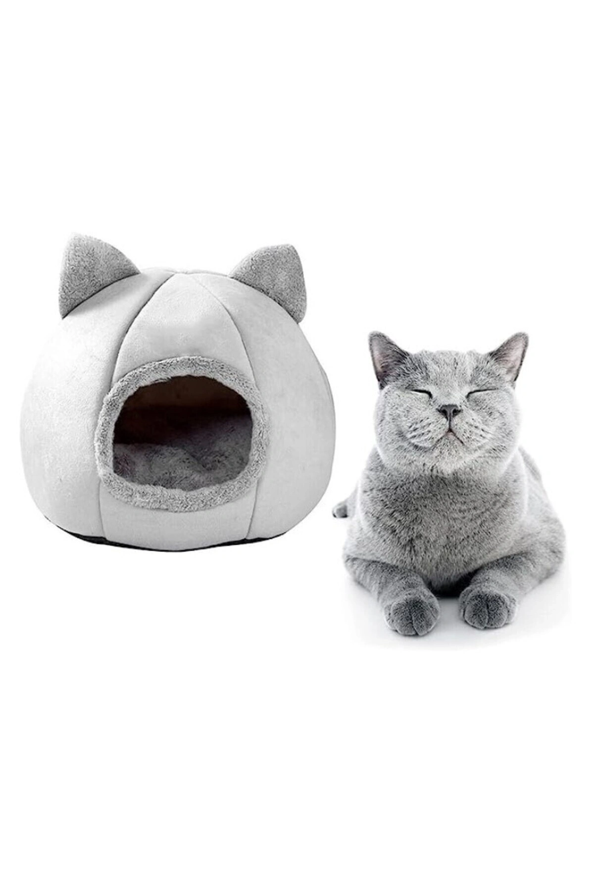 Bal Kabağı Tasarımlı Kedi Evi Yumuşak Kedi Yatağı Derin Uyku Ve Kış Evi Çıkartılabilir Minder Gri