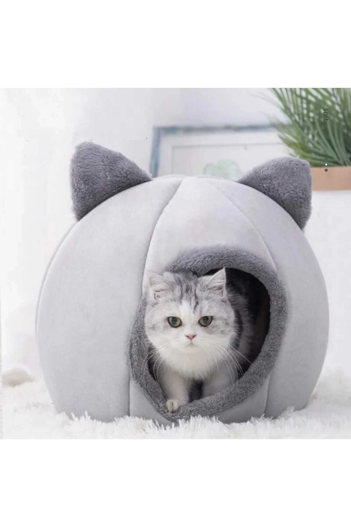 Bal Kabağı Tasarımlı Kedi Evi Yumuşak Kedi Yatağı Derin Uyku Ve Kış Evi Çıkartılabilir Minder Gri M