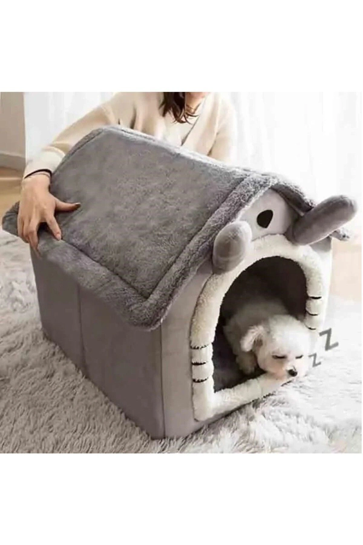 Klasik Model Kedi Evi Yumuşak Kedi Yatağı Derin Uyku Ve Kış Evi Çıkarılabilir Minder Gri