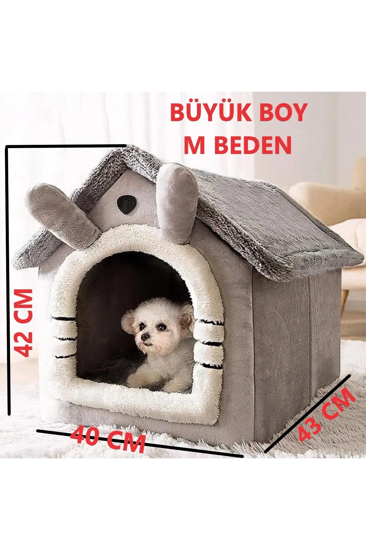Klasik Model Kedi Evi Yumuşak Kedi Yatağı Derin Uyku Ve Kış Evi Çıkarılabilir Minder GRİ  M BEDEN