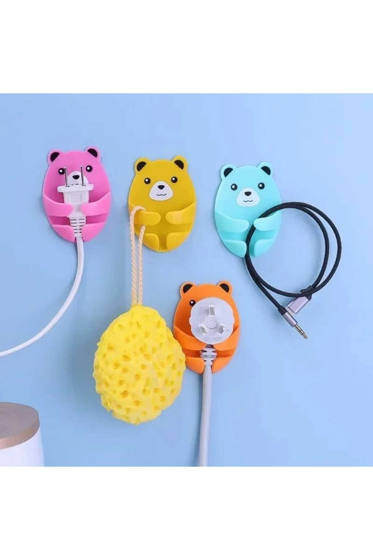 4 Adet Kendinden Yapışkanlı Ayı Desenli Fiş Askısı Priz Soket Kablo Tutucu