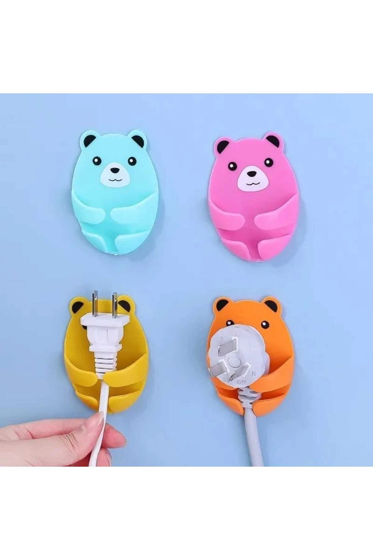 4 Adet Kendinden Yapışkanlı Ayı Desenli Fiş Askısı Priz Soket Kablo Tutucu