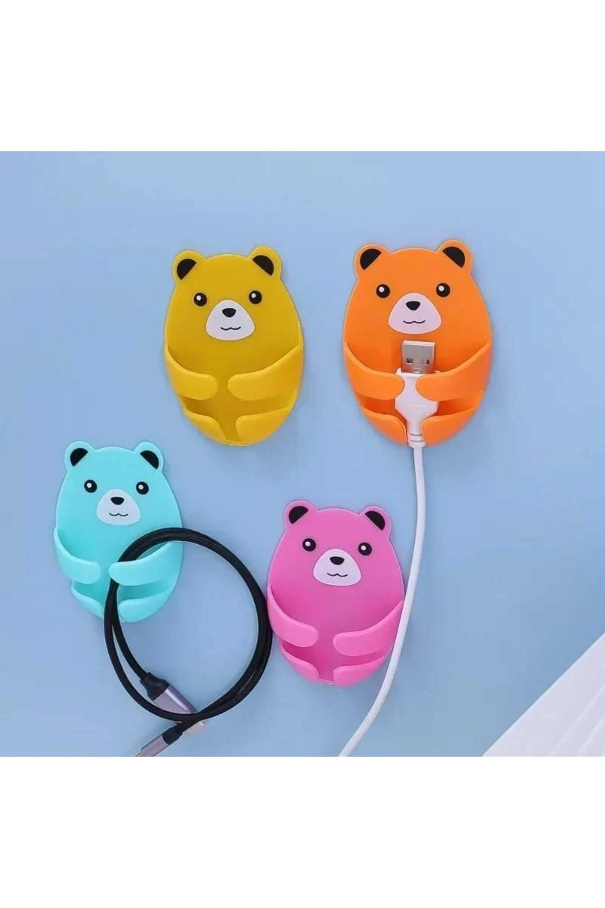 4 Adet Kendinden Yapışkanlı Ayı Desenli Fiş Askısı Priz Soket Kablo Tutucu