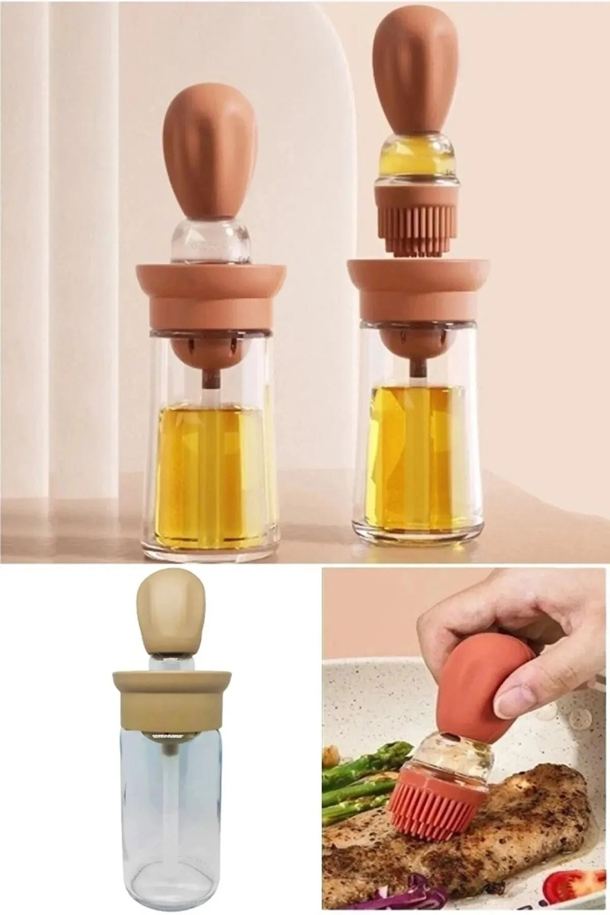 Hazneli Silikon Yağ Sos Ve Yumurta Fırçası Yağ Fırçası Yağlık Silikon Fırçalı Yağdanlık - Krem