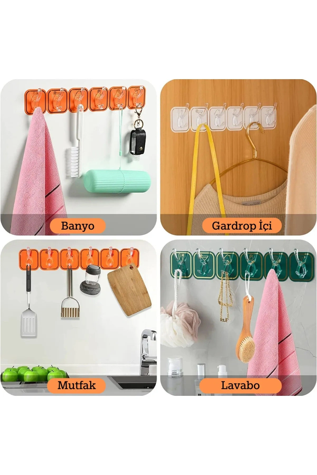 6 Kancalı Kendinden Yapışkanlı Askı Tek Parça Renkli Pratik Duvar, Banyo, Mutfak Askısı