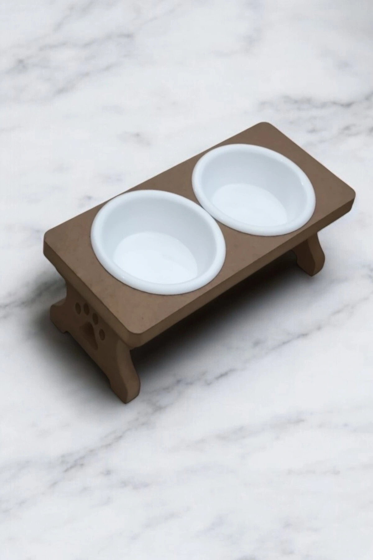 Ahşap Demonte 2 Plastik Taslı Kedi Mama Ve Su Kabı BEYAZ