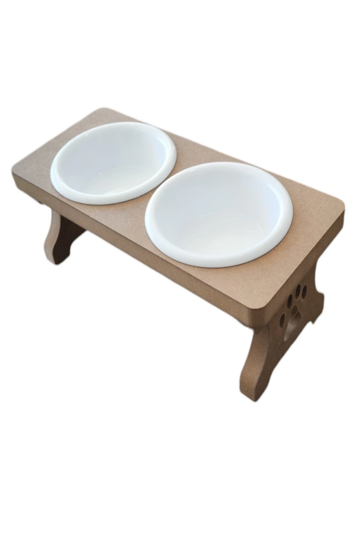 Ahşap Demonte 2 Plastik Taslı Kedi Mama Ve Su Kabı BEYAZ