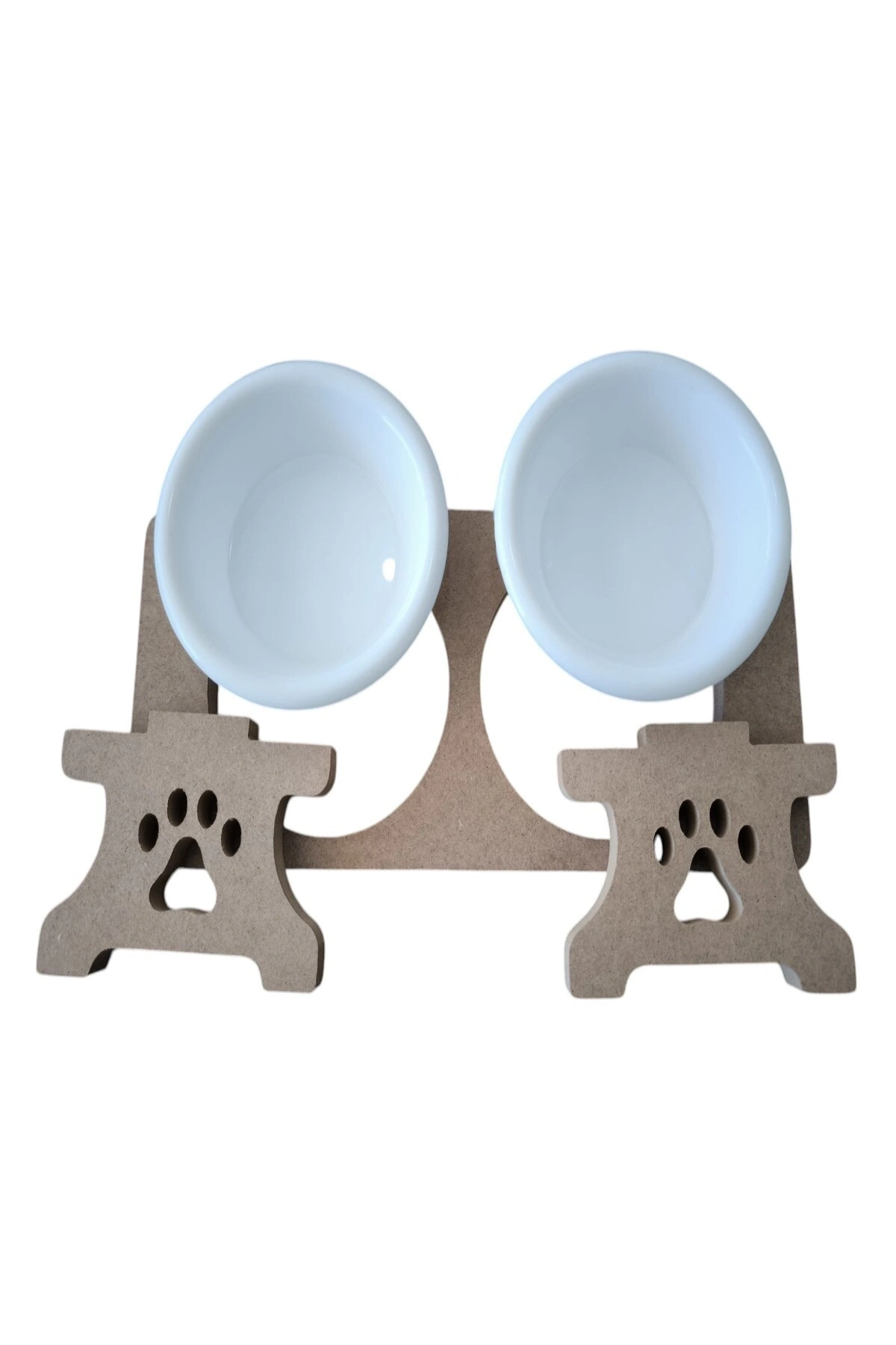 Ahşap Demonte 2 Plastik Taslı Kedi Mama Ve Su Kabı BEYAZ