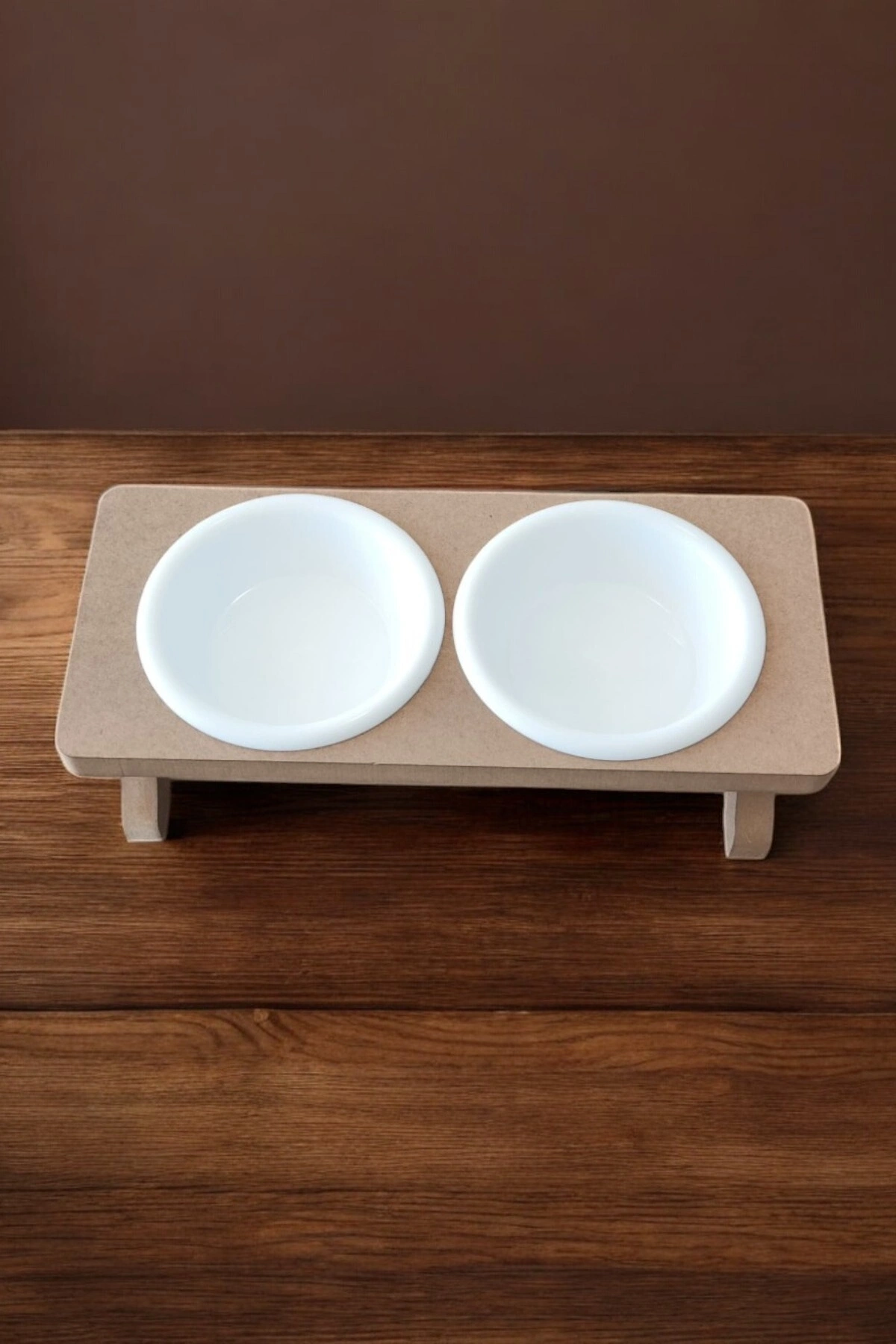 Ahşap Demonte 2 Plastik Taslı Kedi Mama Ve Su Kabı BEYAZ