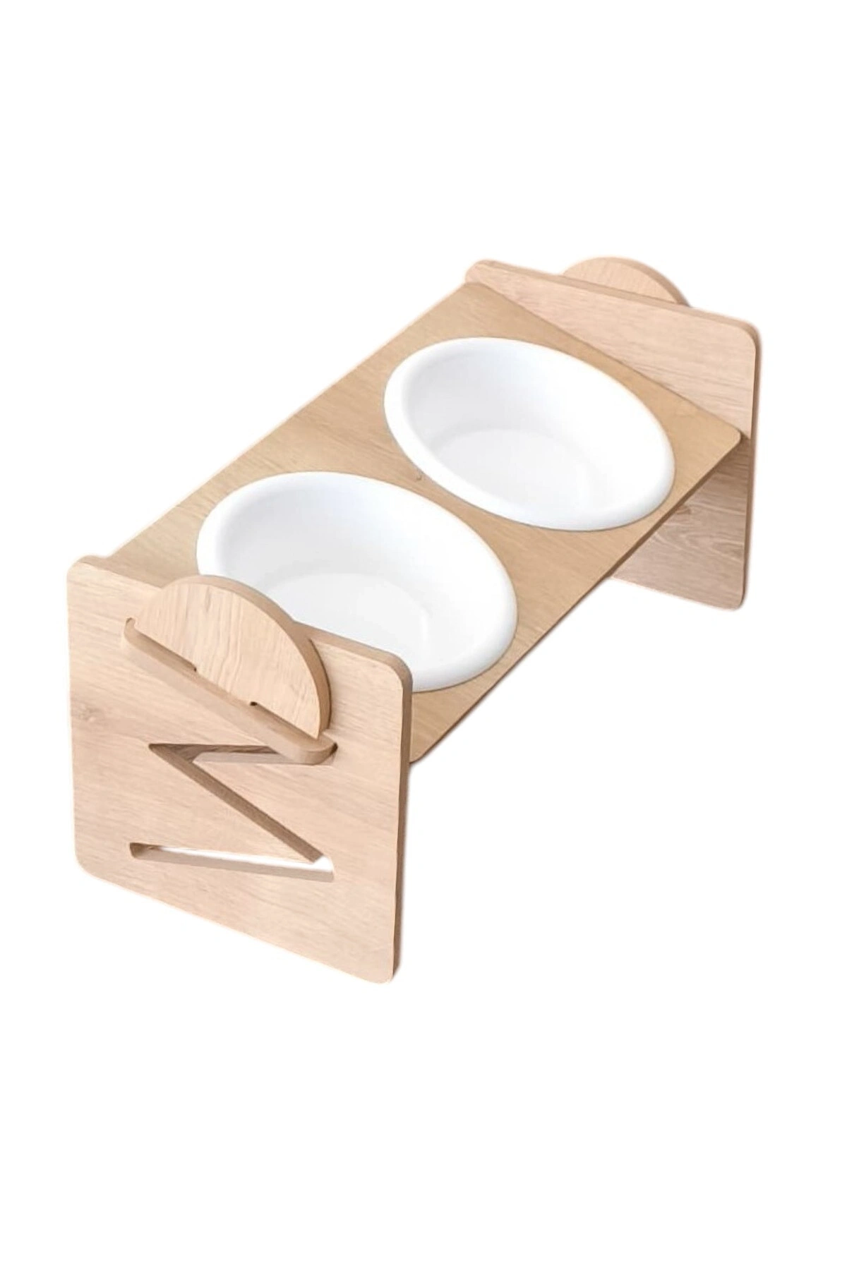 Ayarlanabilir Ahşap 2 Plastik Taslı Kedi Ve Köpek Mama Ve Su Kabı BEYAZ
